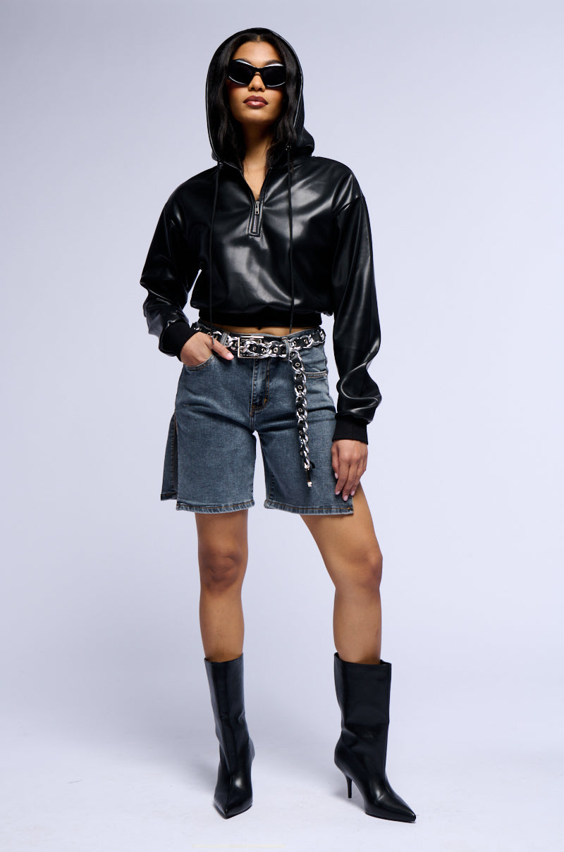 ALEX FAUX LEATHER ZIP FRONT SWEATSHIRT