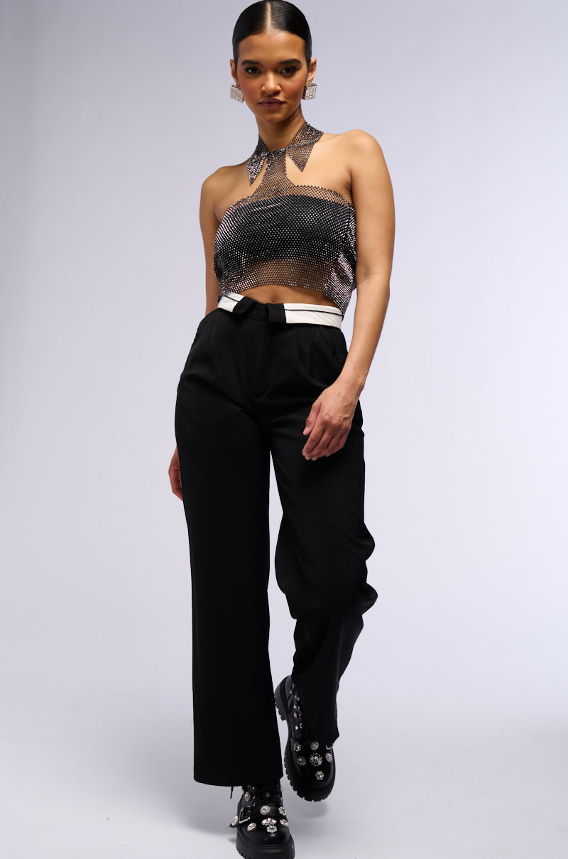 STAY CONNECTED COLLARED RHINESTONE MESH CROP TOP