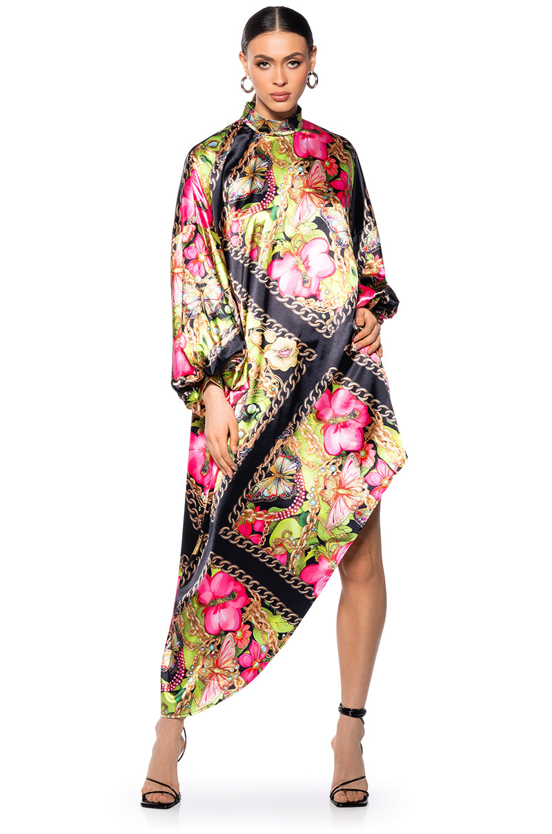 TROPICAL VACATION PRINT SATIN MAXI DRESS IN GREEN MULTI