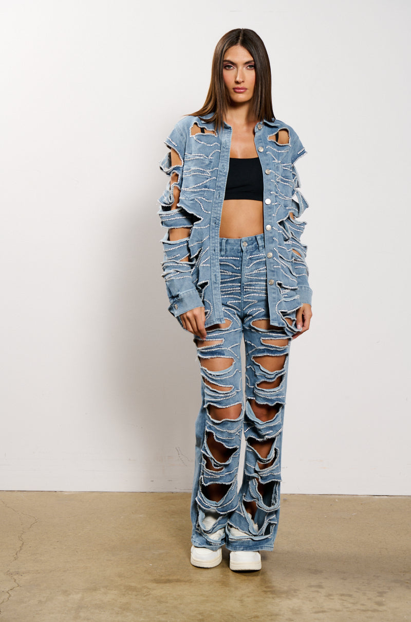 STRIPPED DOWN FLARE LEG DENIM PANT