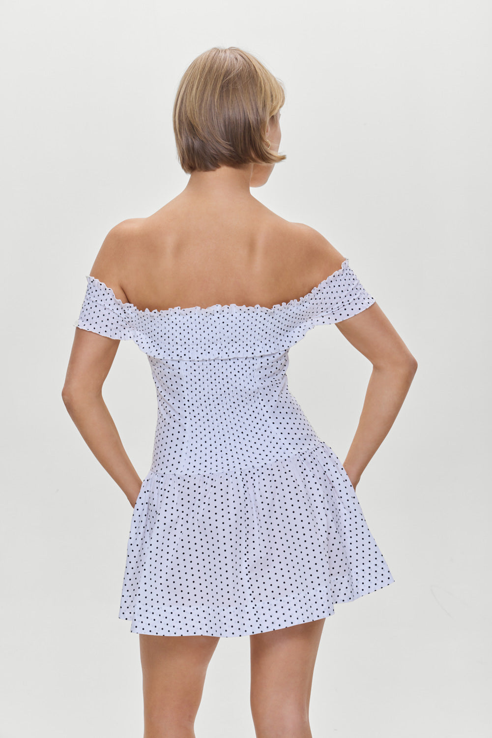 Mae Off Shoulder Mini Dress - White Polka Dot