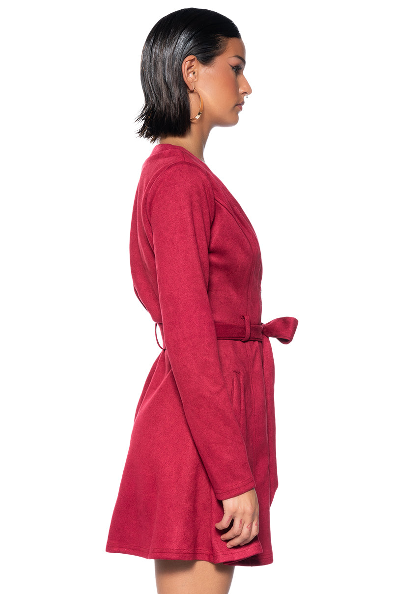 COVET FAUX SUEDE TRENCH MINI DRESS IN RED