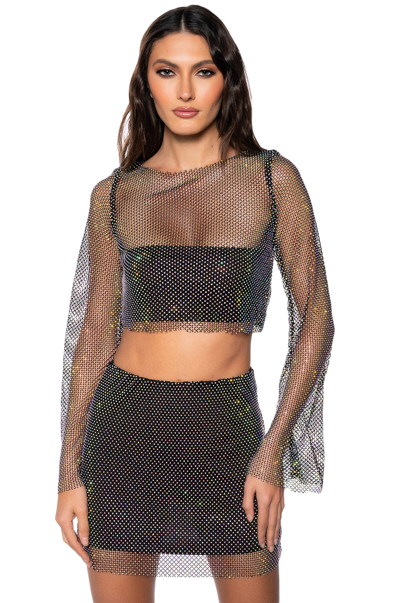 FLASHING LIGHTS RHINSTONE MESH LONG SLEEVE TOP IN BLACK