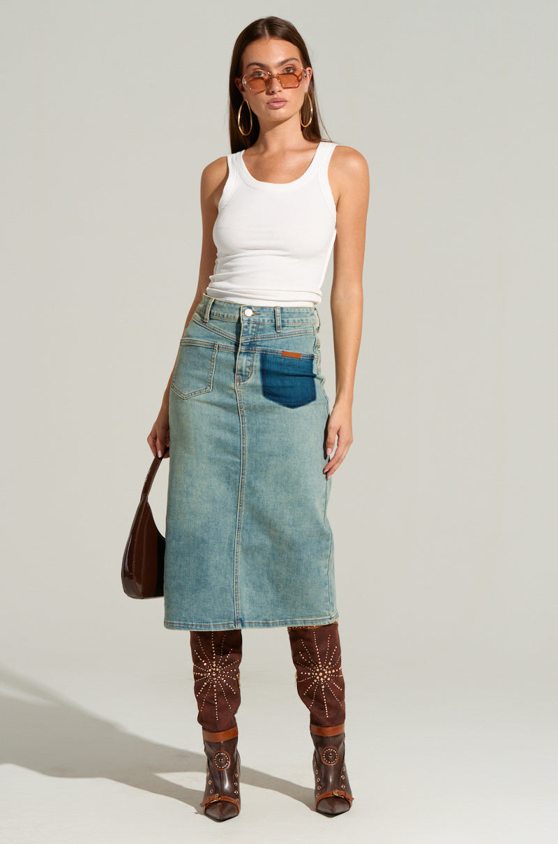 TOO GOOD FOR YOU DENIM MIDI SKIRT