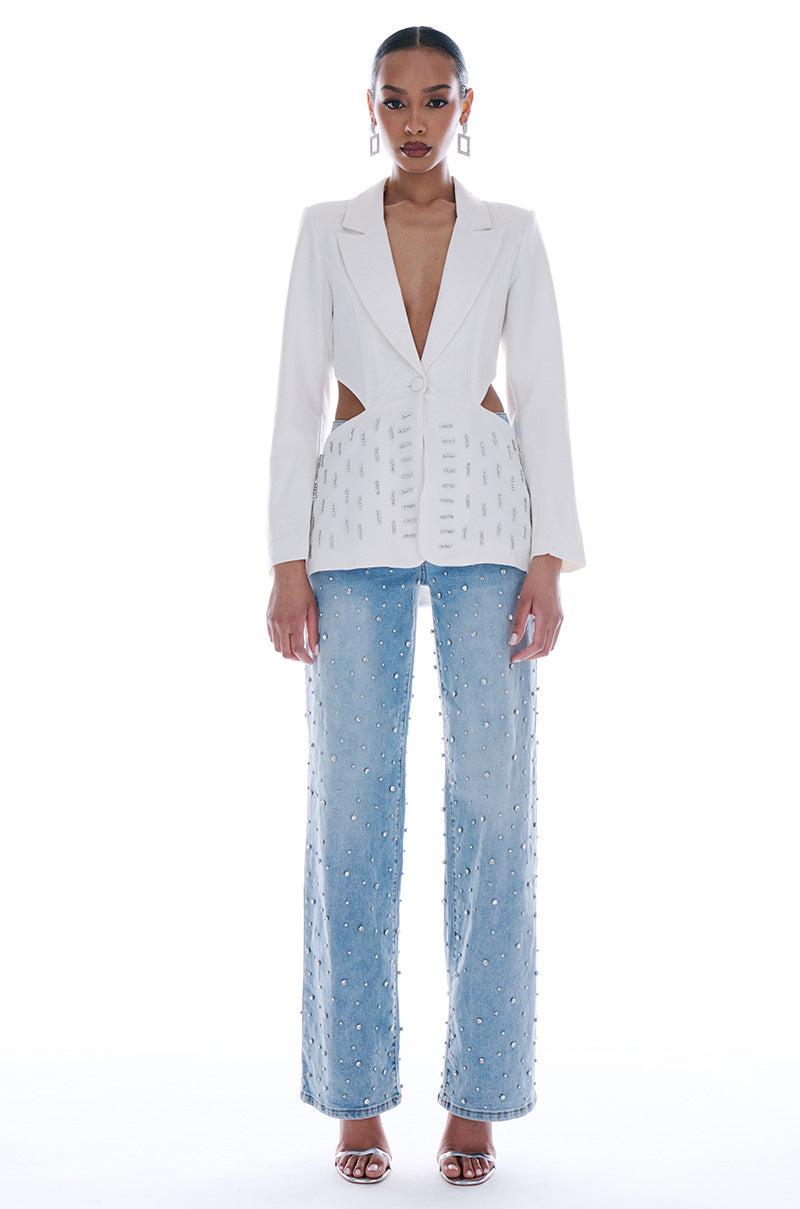 JOANIE EMBELLISHED WIDE LEG JEANS