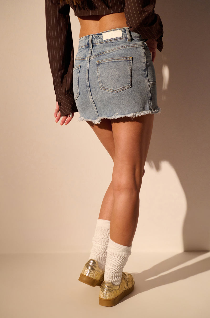 PLEATED OVERLAY ULTRA MINI DENIM SKIRT