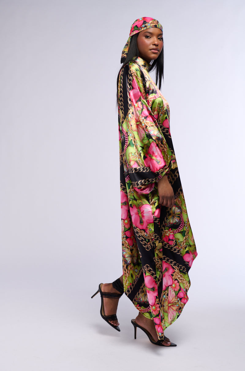 TROPICAL VACATION PRINT SATIN MAXI DRESS IN GREEN MULTI