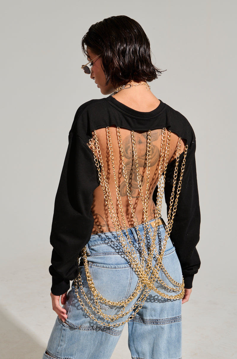 OPEN BACK CHAIN DETAIL SWEATSHIRT