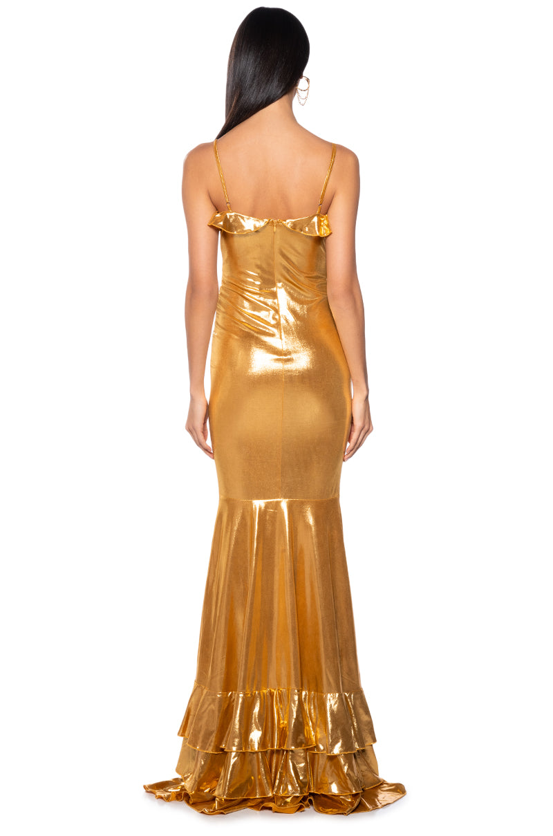 BELLE OF THE BALL METALLIC MAXI DRESS