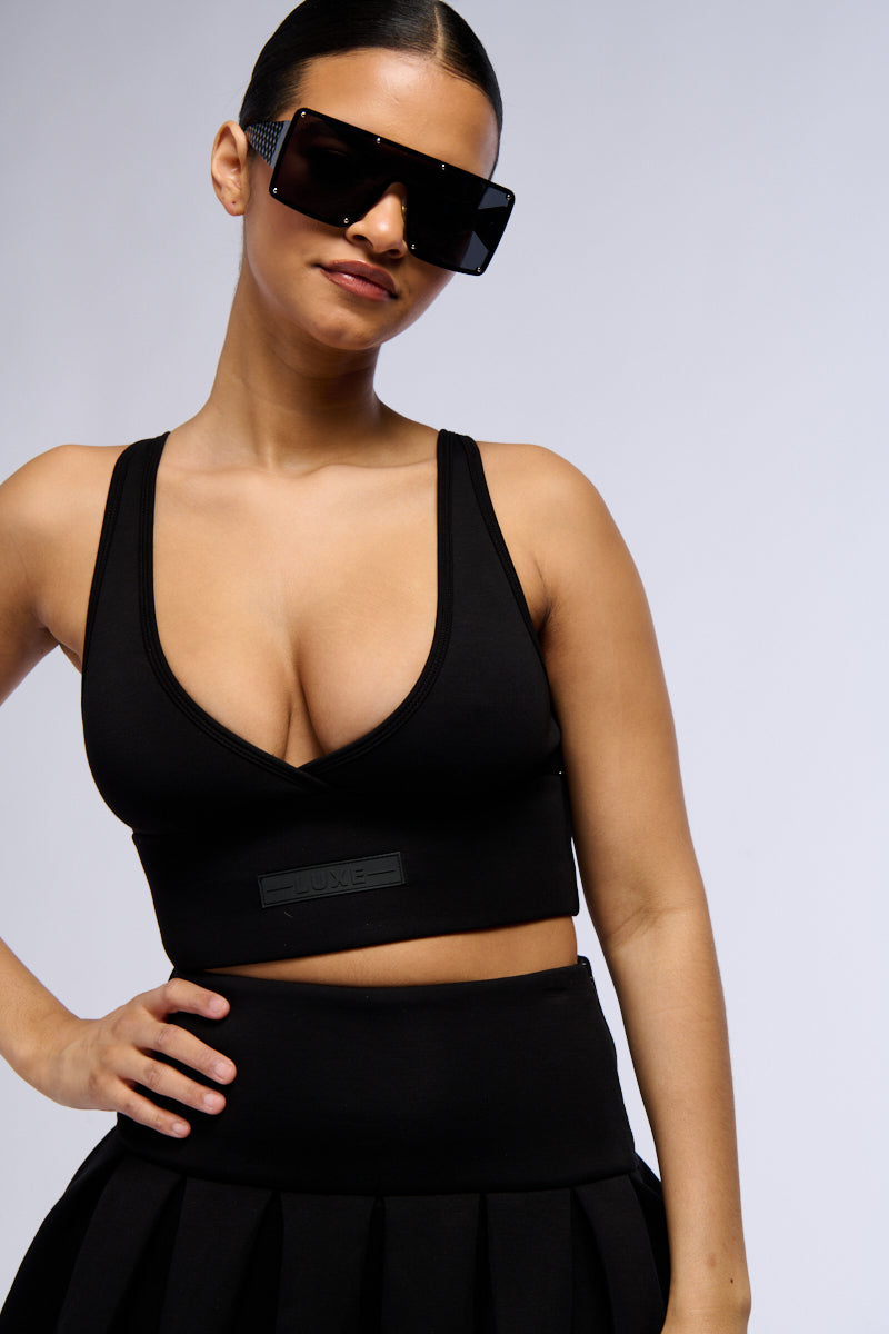 PAXTON SUPER LUXE SLEEVELESS LONGLINE BRALETTE TOP IN BLACK