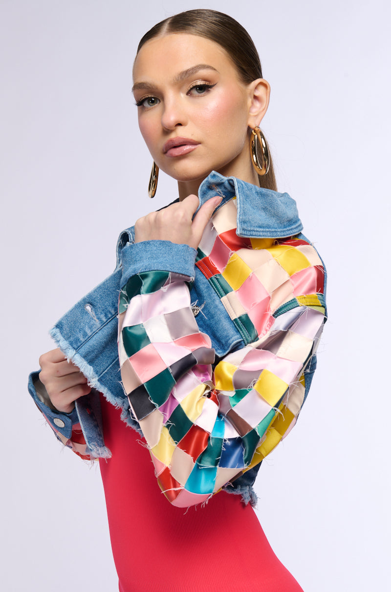 SATIN CHECKERED WEAVE CROP DENIM JACKET