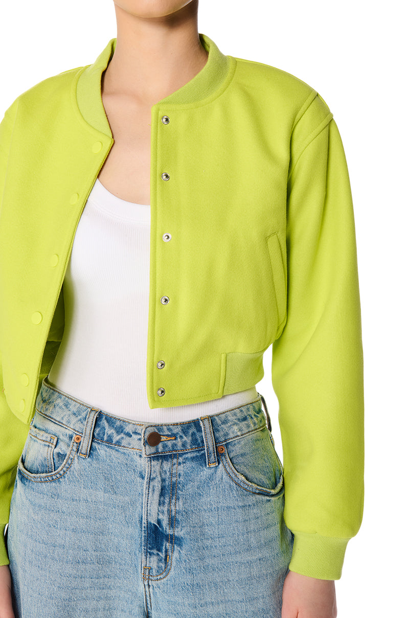 DAVIS EVERYDAY VARSITY BOMBER IN NEON GREEN