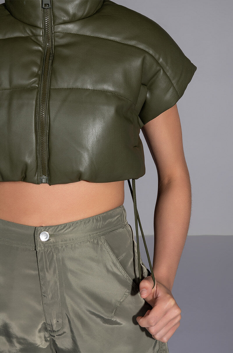 ULTRA CROP PU VEST WITH PULL STRINGS IN OLIVE