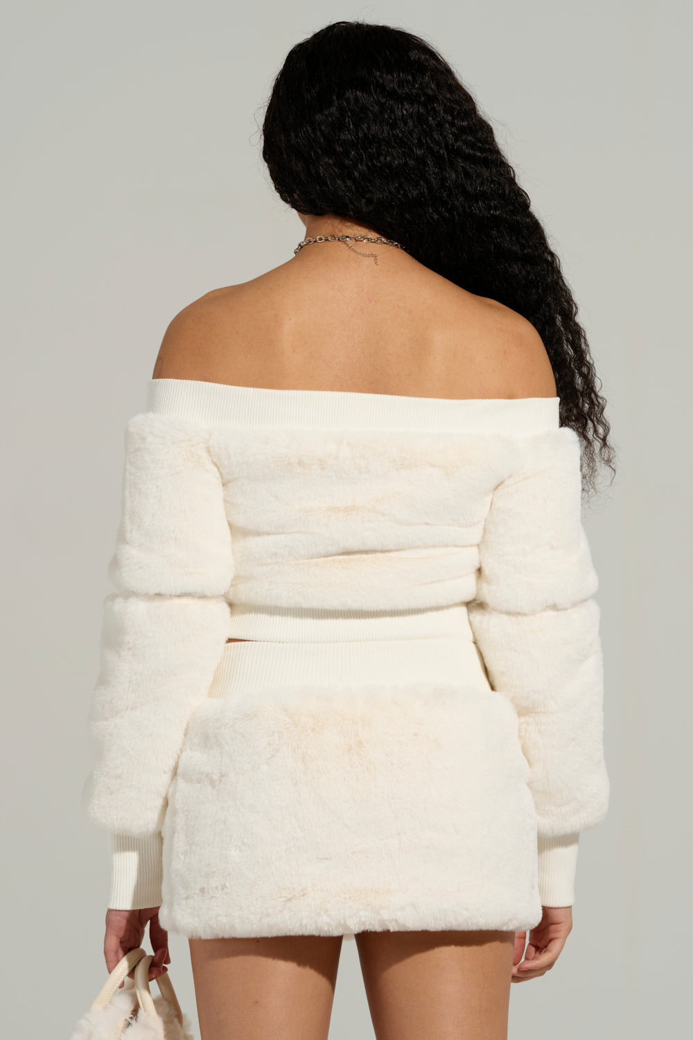 COLDEST WINTER OFF THE SHOULDER FUR TOP IN WHITE