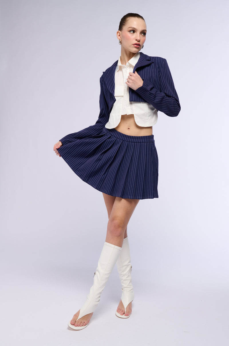 WHATS THE TEA PINSTRIPE CROP BLAZER IN NAVY