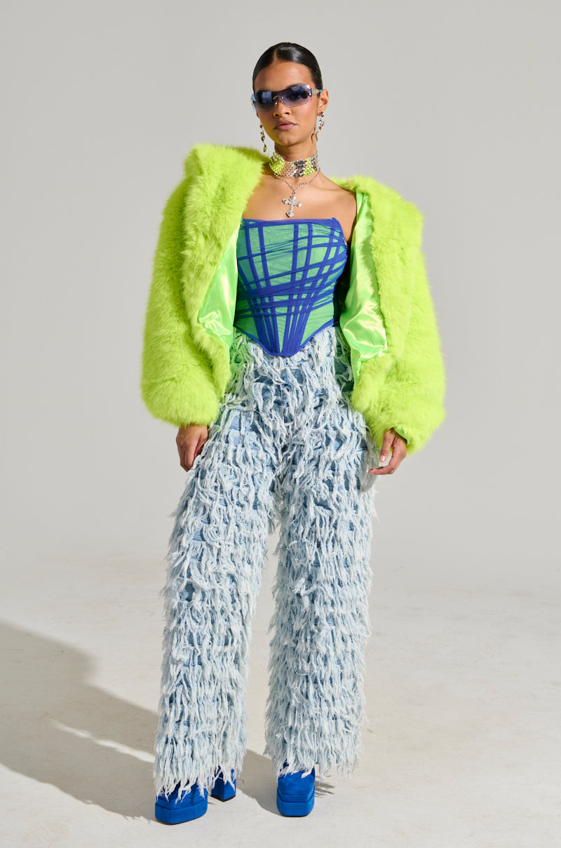 LANA HOODED FAUX FUR COAT IN LIME