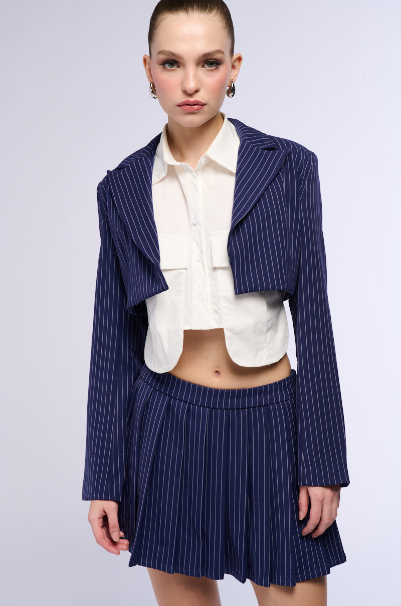 WHATS THE TEA PINSTRIPE CROP BLAZER IN NAVY