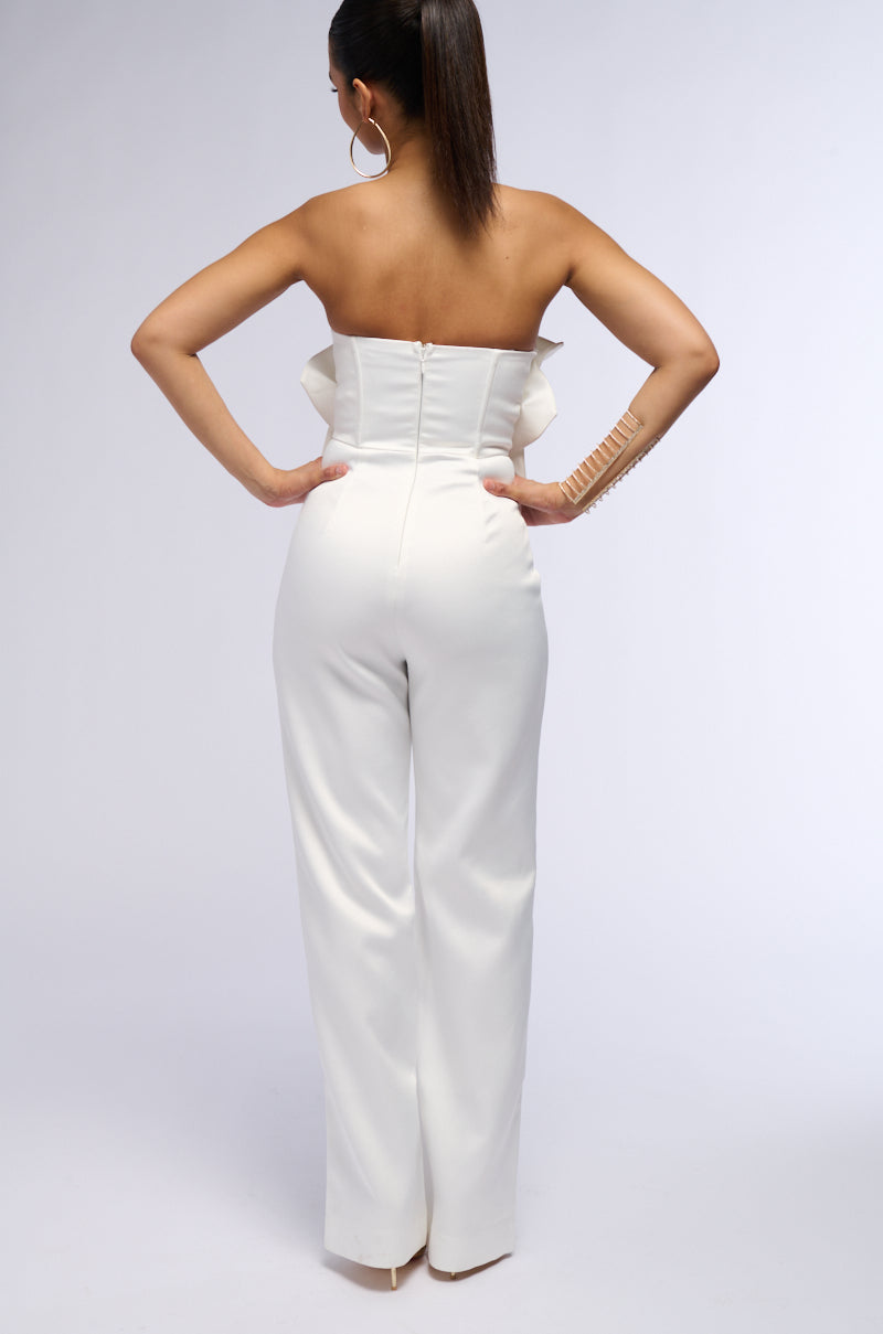 CHERRY BLOSSOM STRAPLESS STATEMENT JUMPSUIT IN WHITE