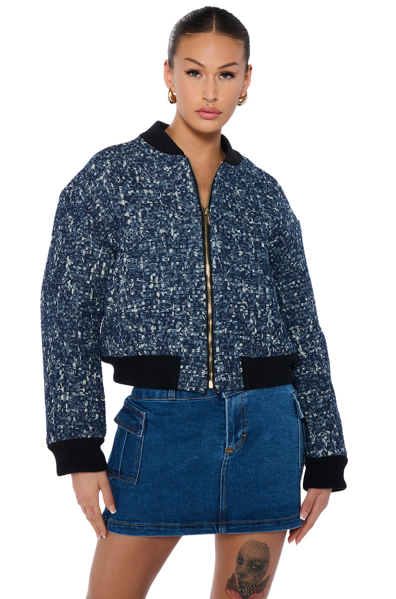 MICRO DENIM WEAVE BOMBER JACKET