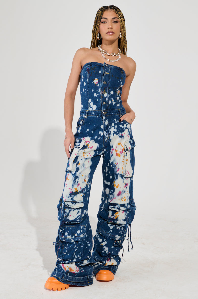 LAURYN STRAPLESS CARGO SPLATTERED DENIM JUMPSUIT