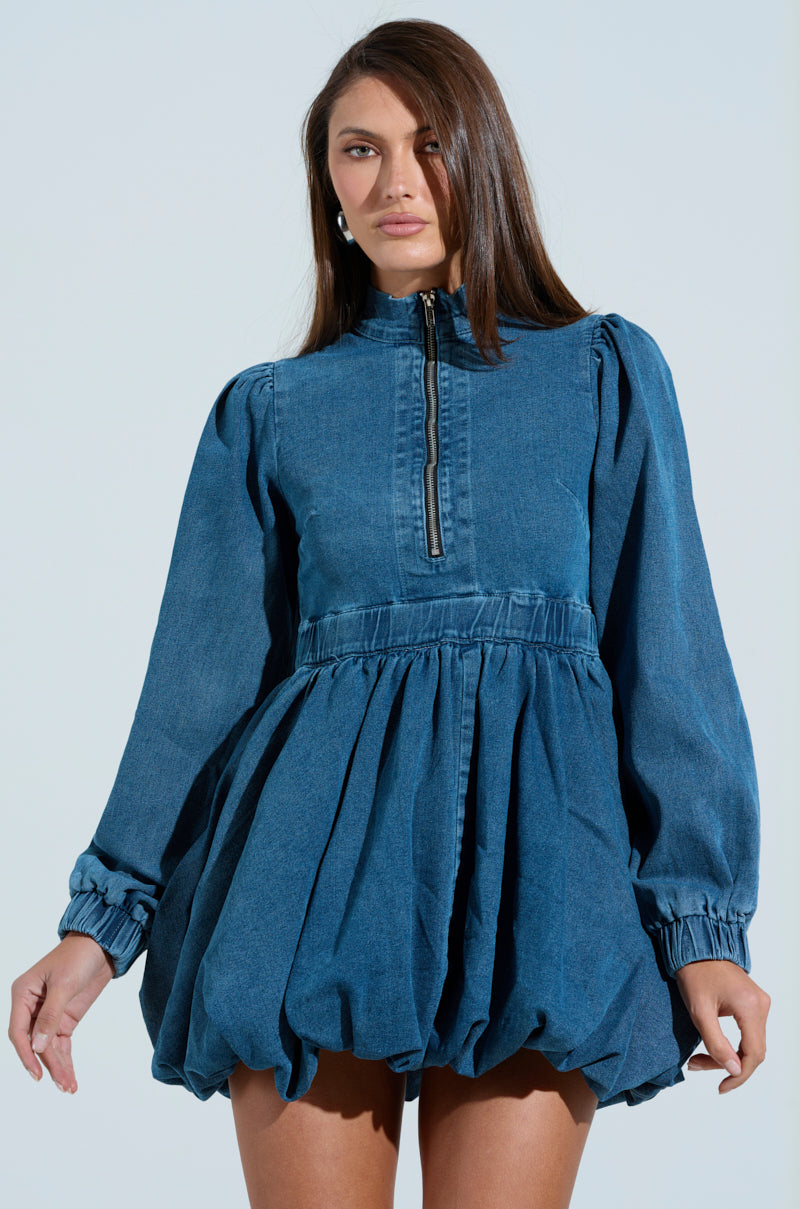 PASS THE BUBBLY DENIM MINI DRESS