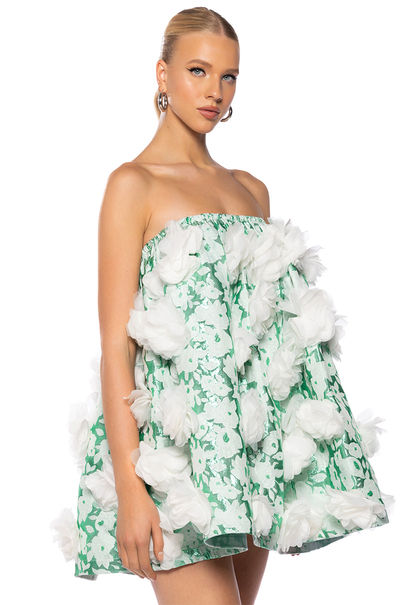 DRAMATIC FLORAL PUFF DETAIL STRAPLESS MINI DRESS