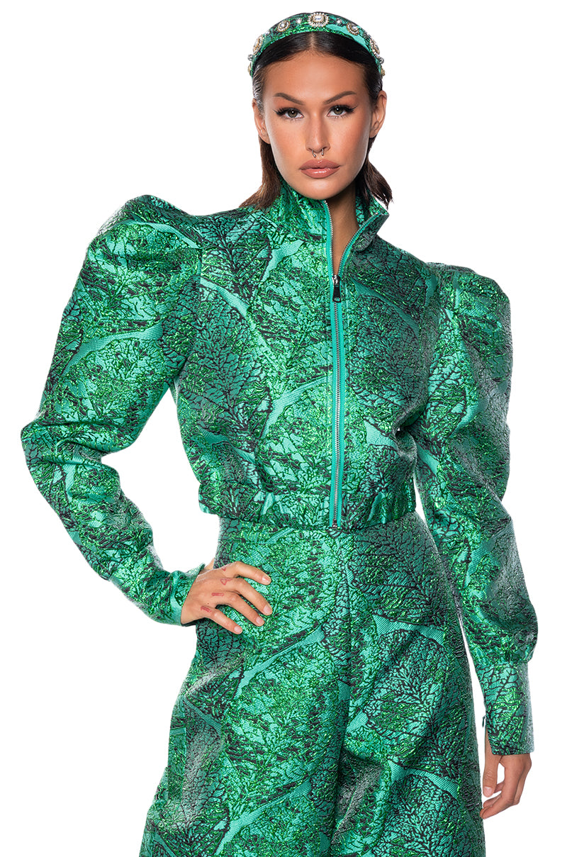 GREEN BROCADE PUFF SHOULDER BOMBER JACKET