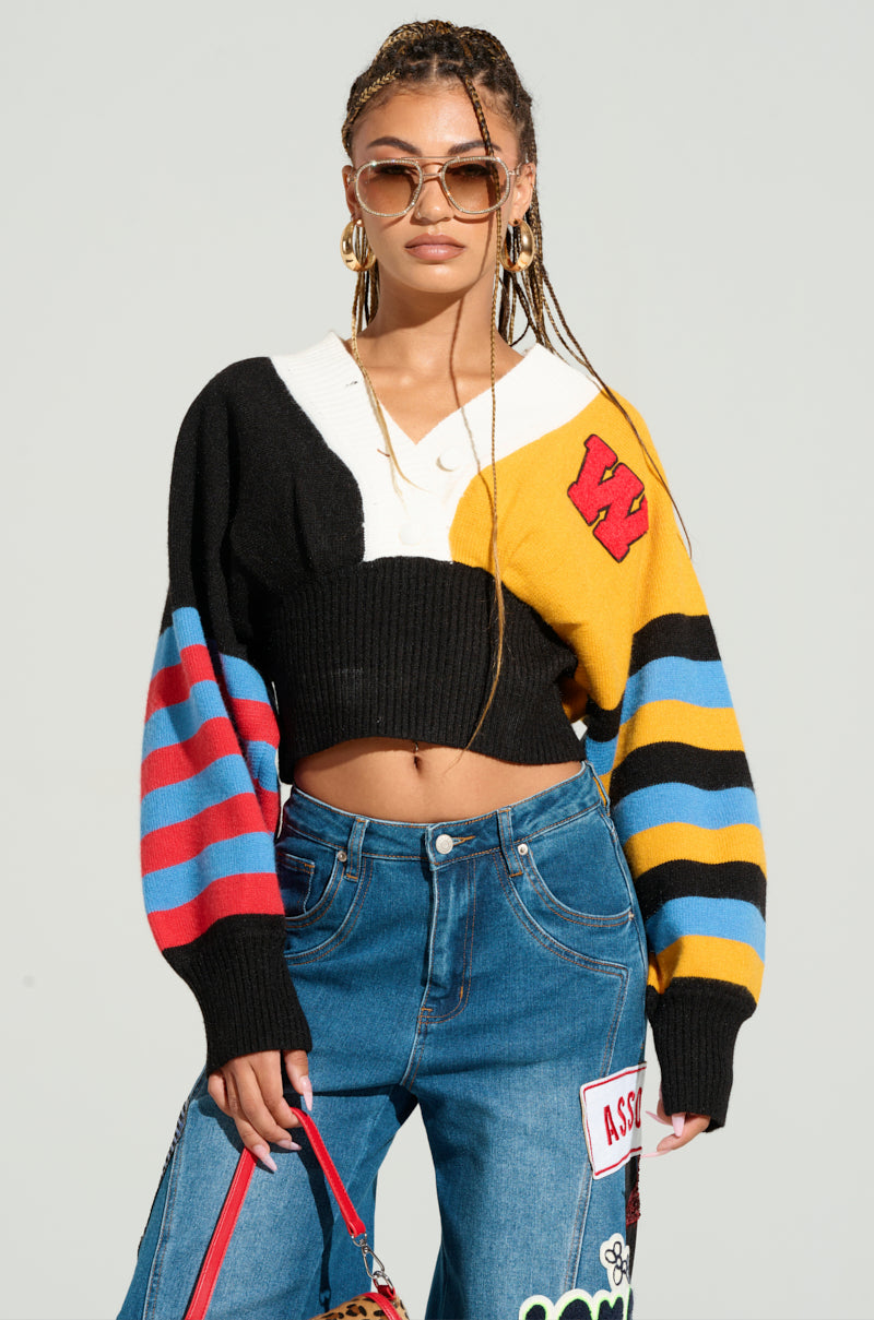 VARSITY STRIPES BUTTON DOWN SWEATER