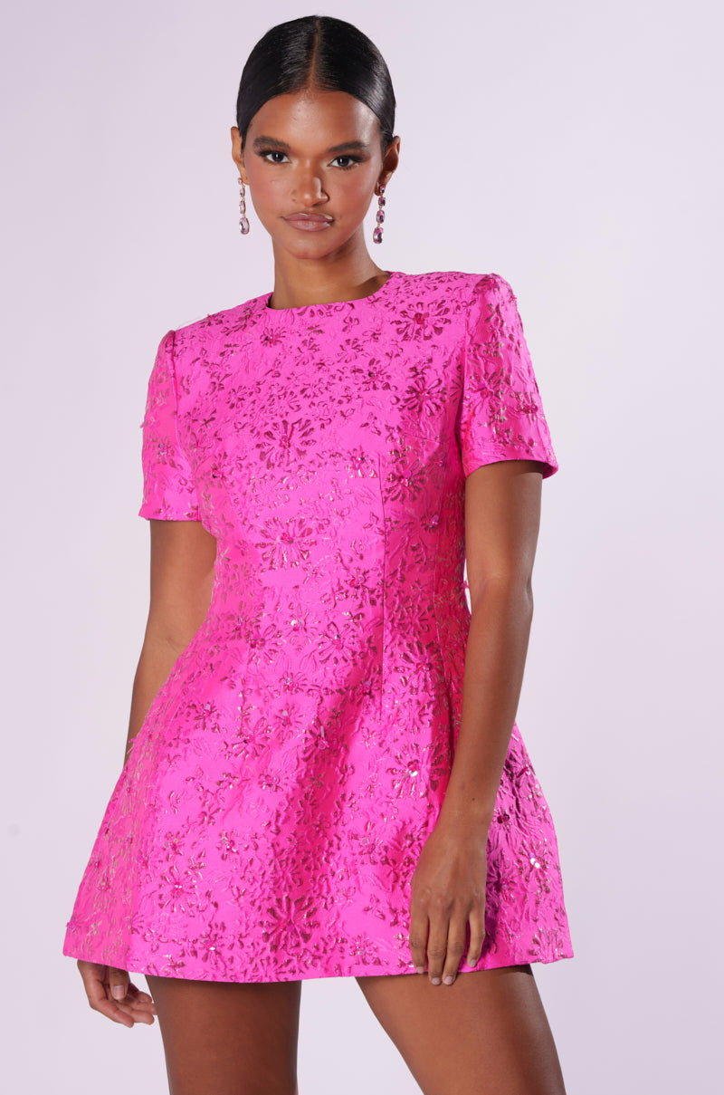 PRETTY IN PINK BROCADE BEADED MINI DRESS