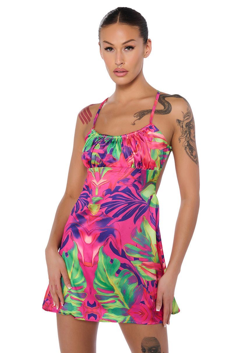 ON HOLIDAY SATIN PRINTED MINI DRESS