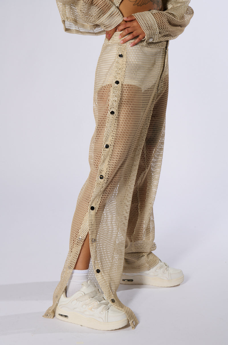 ALL THAT MESH WIDE LEG SNAP PANTS IN BEIGE