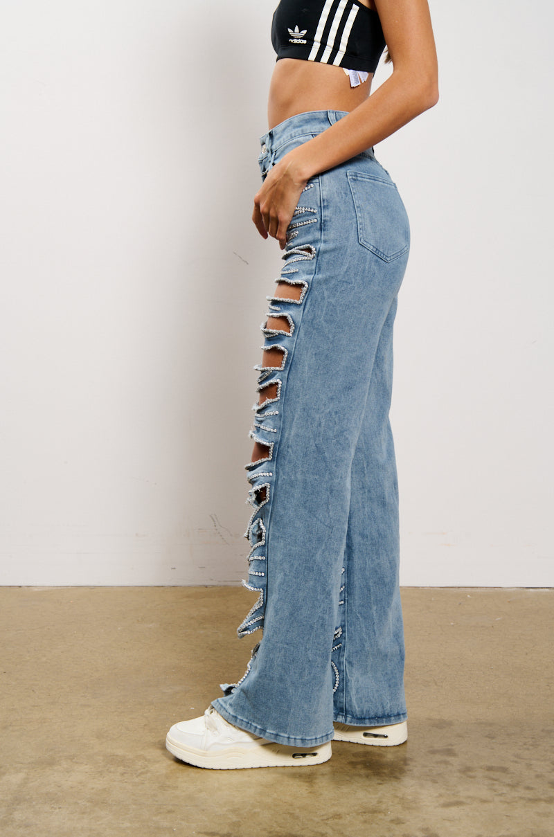 STRIPPED DOWN FLARE LEG DENIM PANT