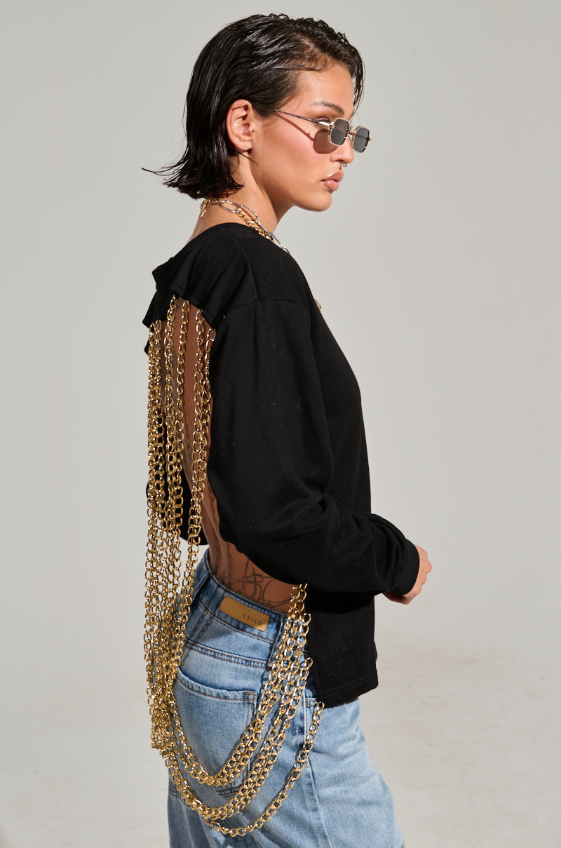 OPEN BACK CHAIN DETAIL SWEATSHIRT