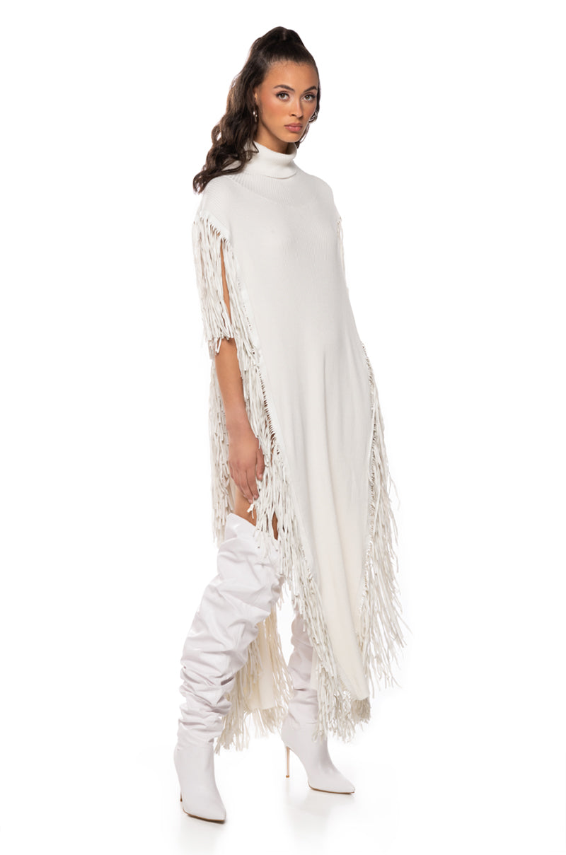 CHEYENNE FAUX LEATHER FRINGE BELTED SWEATER IN IVORY