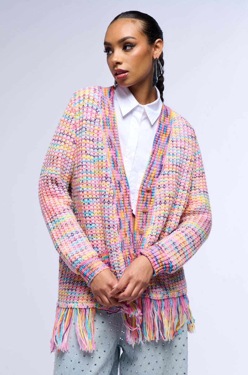 LOOKIN IN THE MIRROR MULTICOLOR FRINGE CARDIGAN