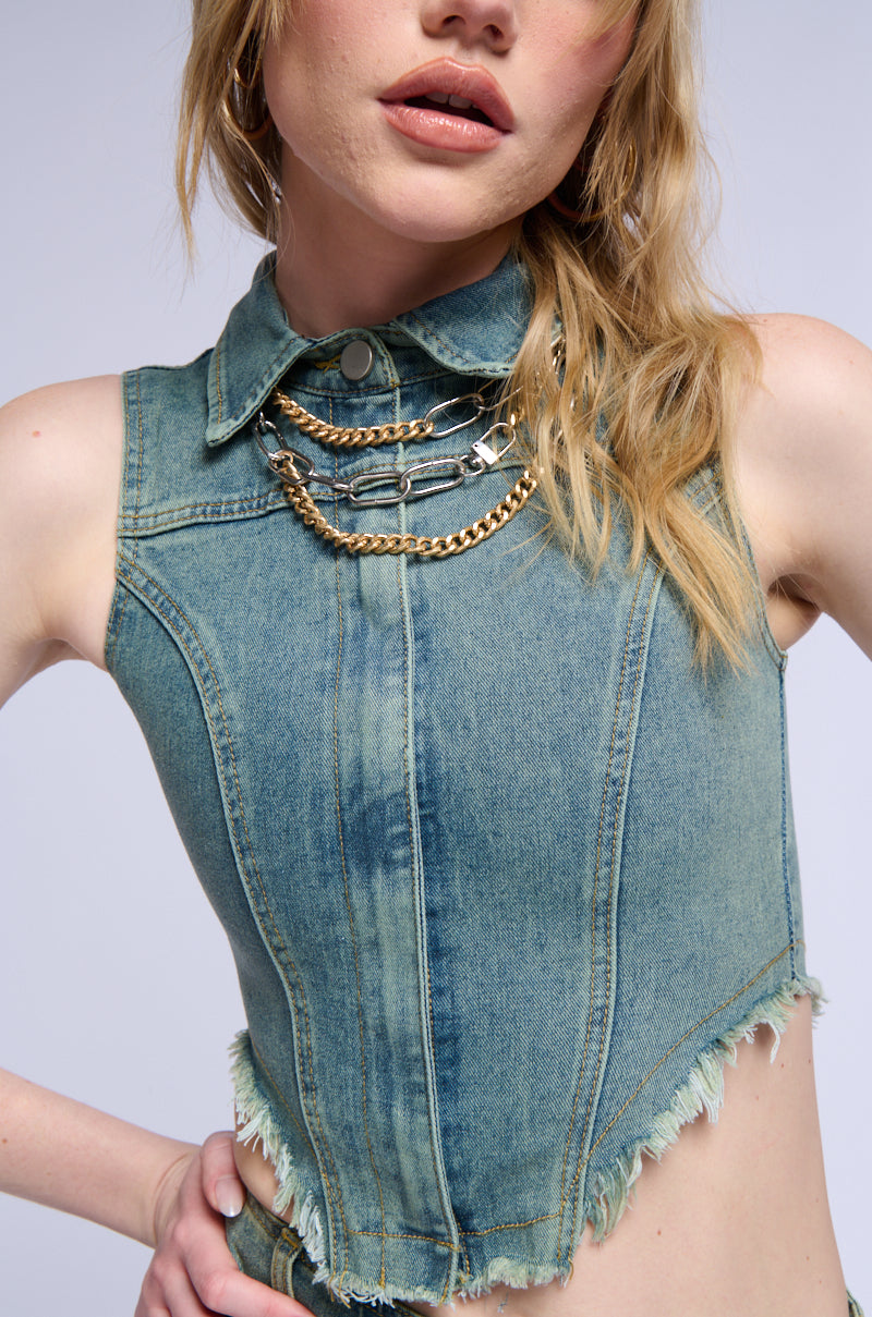 STERLING SLEEVELESS DENIM COLLARED TOP