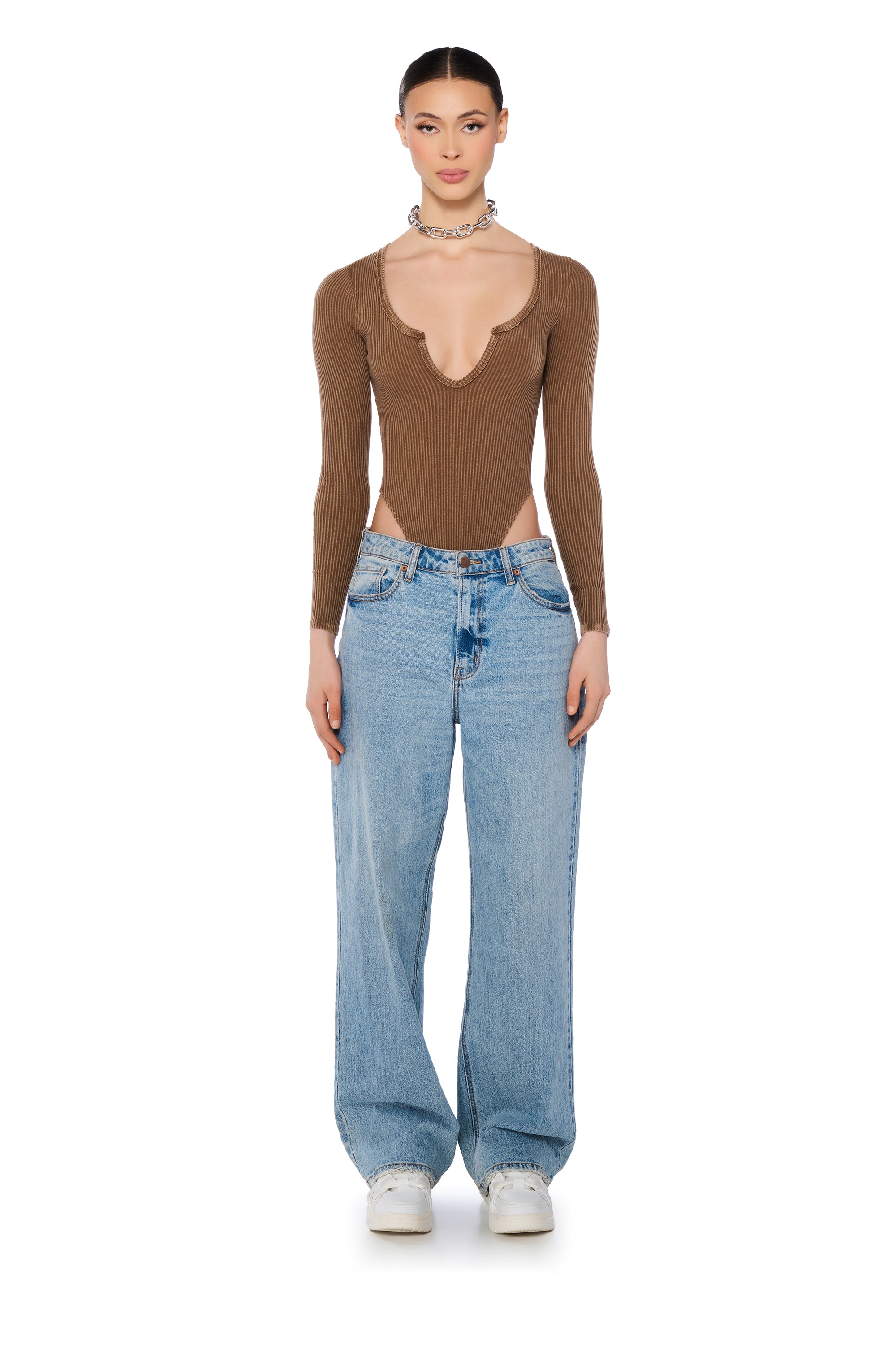 SADIE MINERAL WASH BODYSUIT IN BROWN