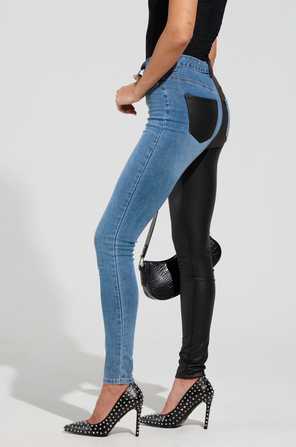 FLEX FIT EXTREME STRETCH HALF AND HALF PU HIGH WAIST SKINNY JEAN