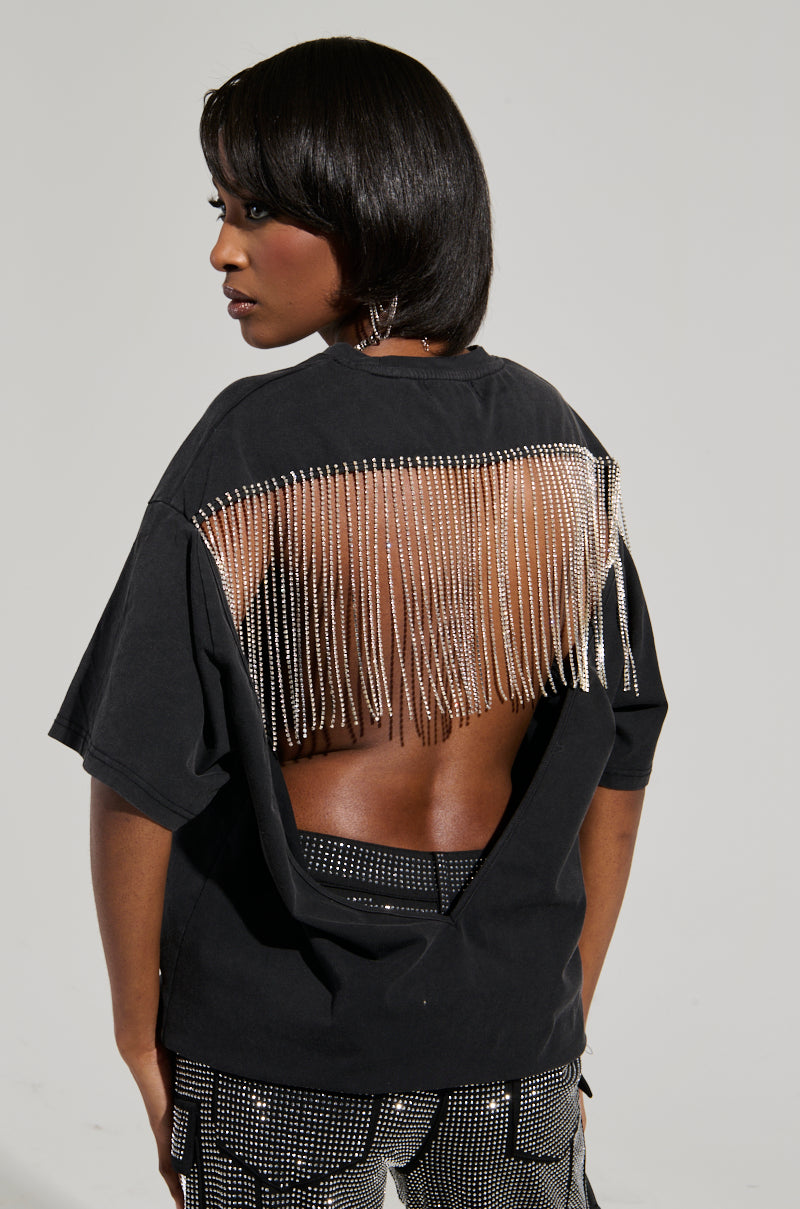 SMOKE & MIRRORS RHINESTONE FRINGE MINERAL WASH T-SHIRT