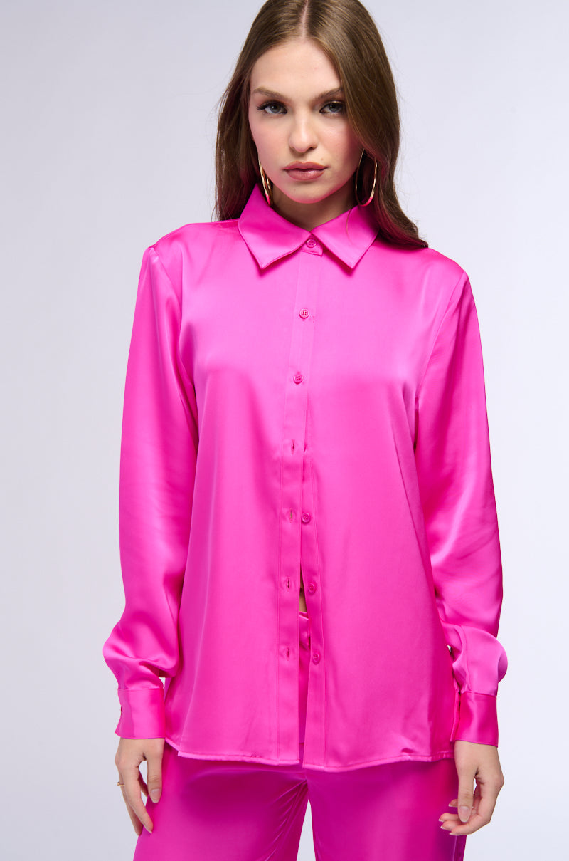 OPEN TO WHATEVER LONG SLEEVE SATIN BUTTON DOWN IN PINK