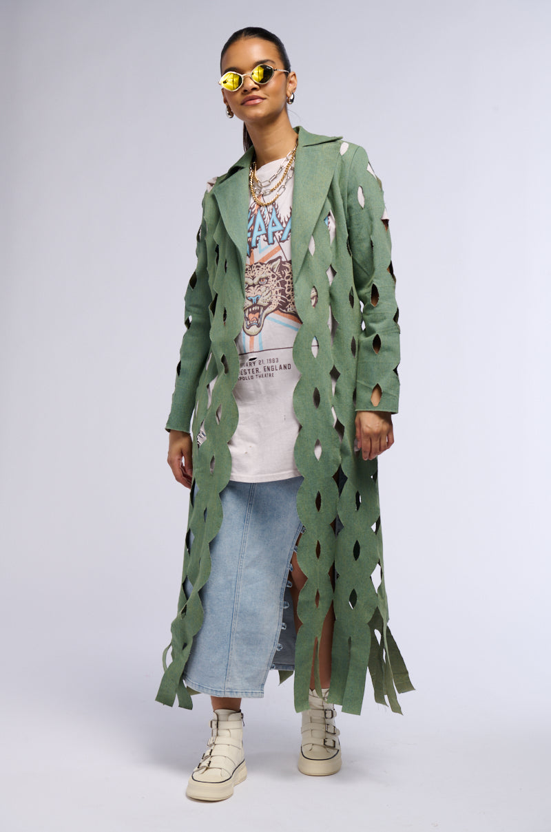 DENIM LASER CUT DUSTER IN GREEN