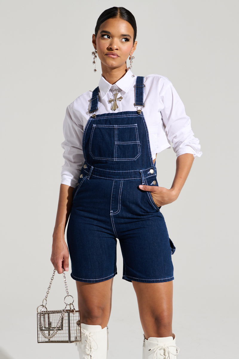 THROWING IT DOWN DENIM SHORT OVERALL