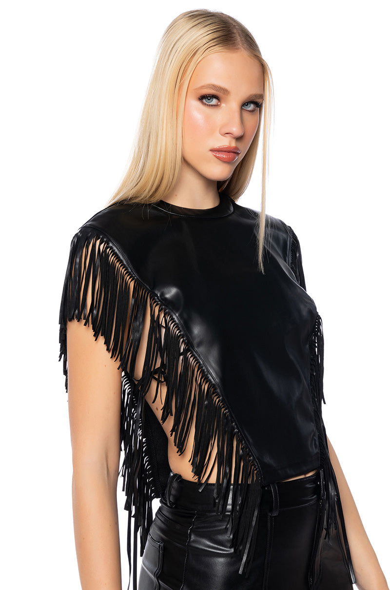 EBONY FAUX LEATHER FRINGE TOP