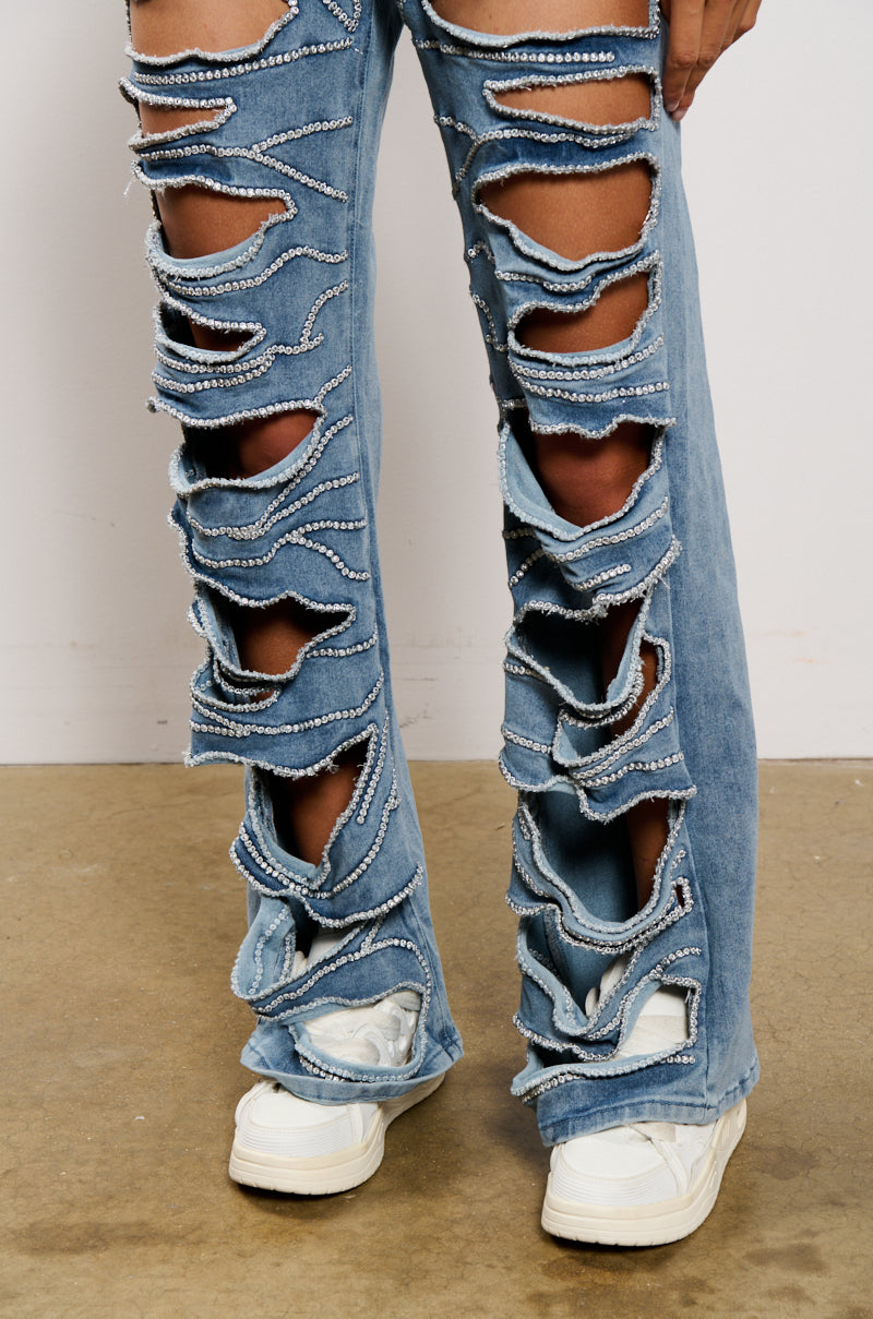 STRIPPED DOWN FLARE LEG DENIM PANT