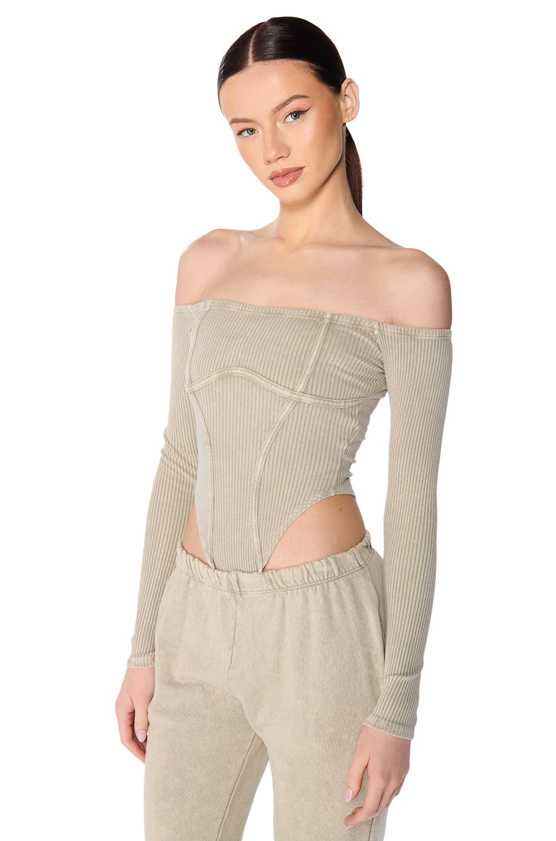 KATRINA MINERAL WASH OFF THE SHOULDER BODYSUIT IN LIGHT GREY