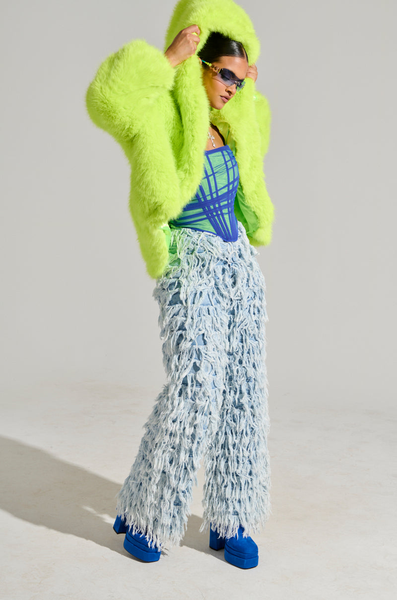 LANA HOODED FAUX FUR COAT IN LIME