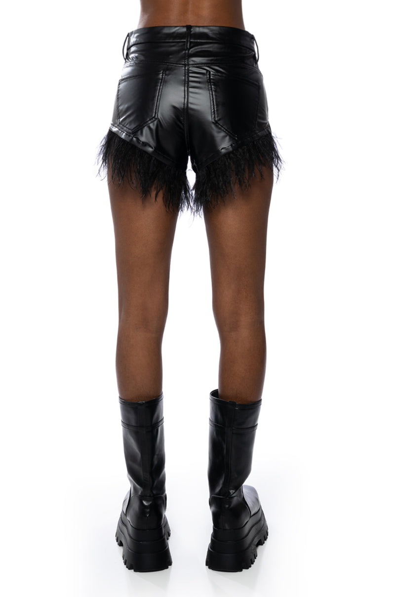 TOO COCKY FEATHER TRIM FAUX LEATHER SHORTS