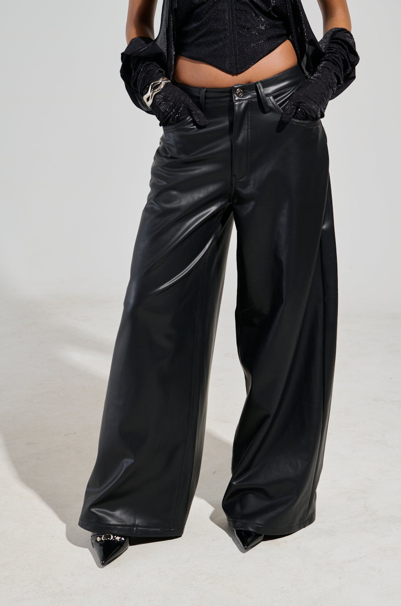 GABRIELLE WIDE LEG FAUX LEATHER PANT IN BLACK