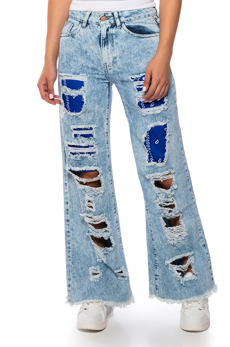 YOUR NEW FAVORITE DISTRESSED PATCHWORK FLARED JEANS