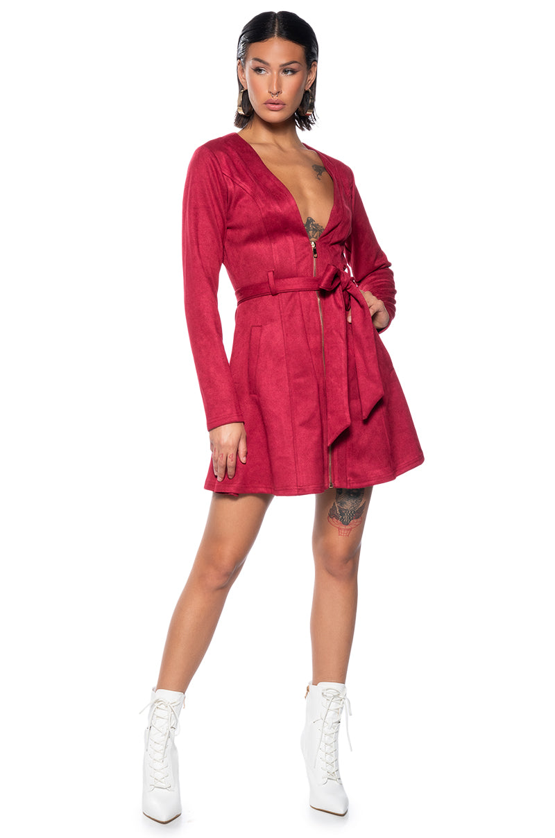 COVET FAUX SUEDE TRENCH MINI DRESS IN RED